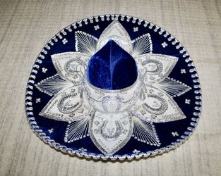 Vintage Mexican Sombrero PIGALLE Mariachi Hat Blue Velvet Silver White Sequins