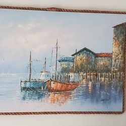 Rope framed Original Oil on Canvas Beach Fishing Village scene by Shaw 40" x 24"