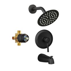Tub Shower Faucet Set Valve Included with 6-Inch Rain Shower Head and Tub Spout Single-Handle Tub and Shower Trim Kit Matte Black