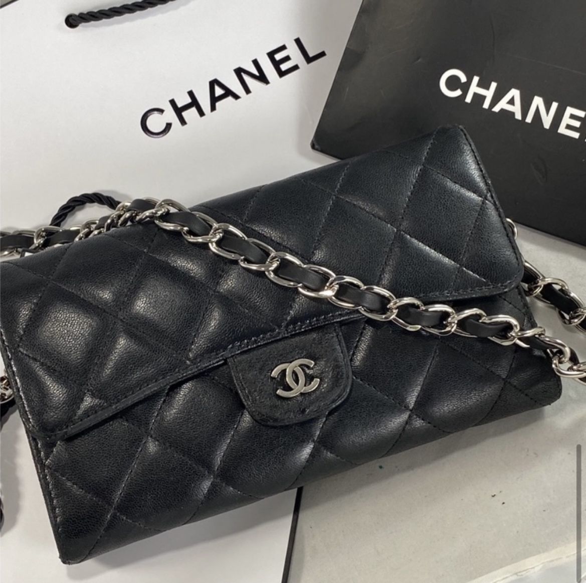 Authentic Chanel Leather Classic Quilted Matelasse Wallet on Chain WOC