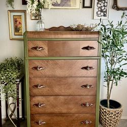 1930's olive green Art deco waterfall dresser with walnut and gold accent