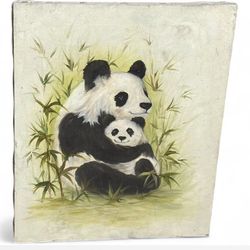 Vintage Cute Panda Animal with Bamboo Background Painting on Canvas 18” x 14”