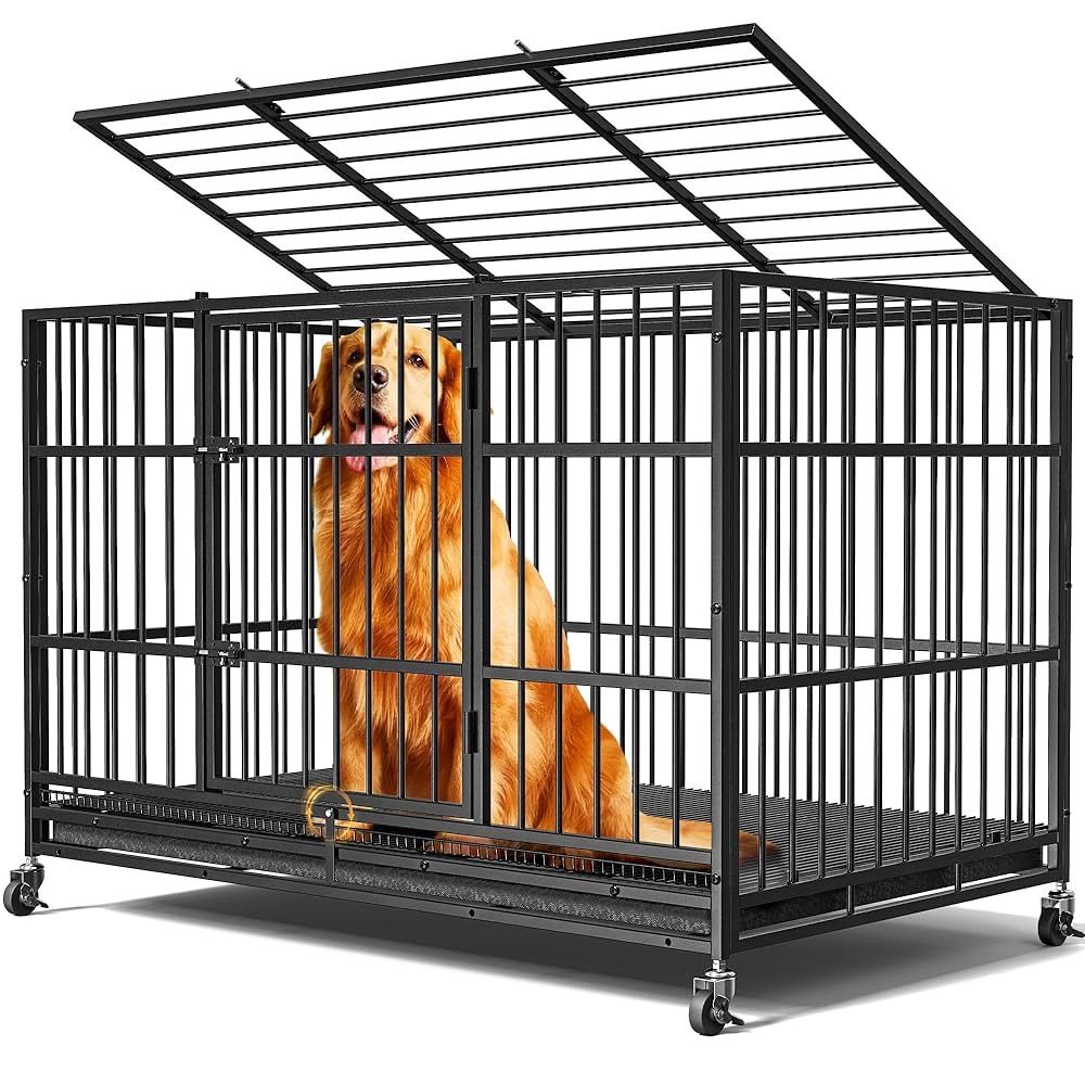 48"Dog Crates for Large Dogs, Upgraded 4 Lockable Wheels, Removable Door, Dog Kennel Indoor, Max Load 300Lbs, Easy to Clean, Removable Tray, XL Dog Ca