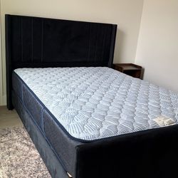 Velvet Upholstered Queen Bed and Mattress