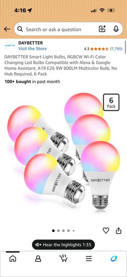 DAYBETTER Smart Light Bulbs, RGBCW Wi-Fi Color Changing Led Bulbs Compatible with Alexa & Google Home Assistant, A19 E26 9W 800LM Multicolor Bulb, No 