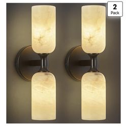 HOT!! LMQNINE Natural Alabaster Wall Sconces Set Of Two Modern Black Wall Lamp14in Milky White