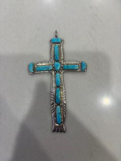 Vintage Sterling Silver Turquoise Cross Pendant Large Signed Southwestern Stamped