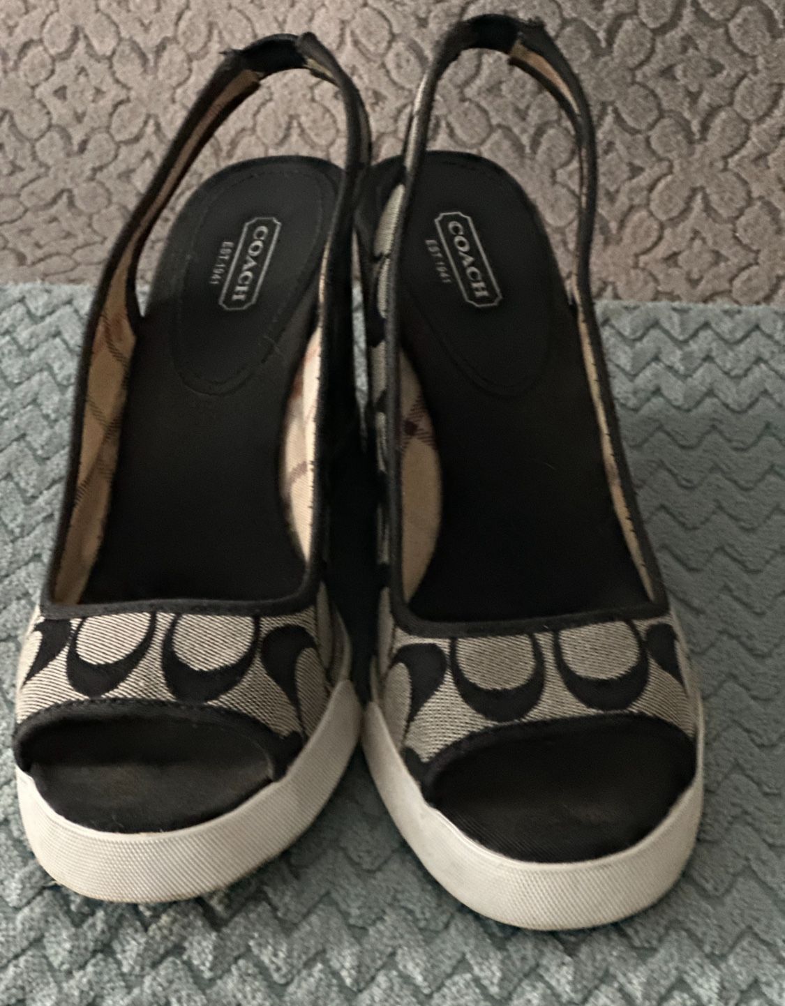 Coach Black And Gray Peep Open Toe Wedge Shoe