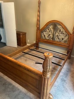 Wooden Queen Sized Bed Frame with Decorative Headboard