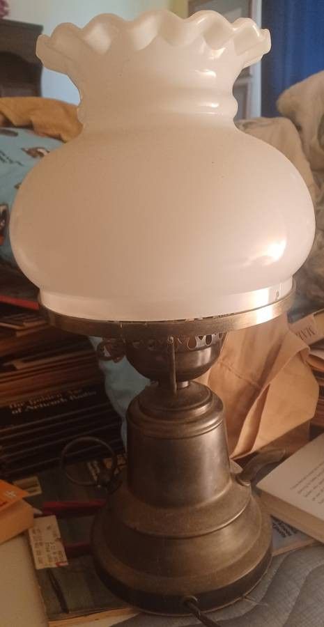 Antique pewter Hurricane Oil Electric Lamp milk Glass shade globe - $95

