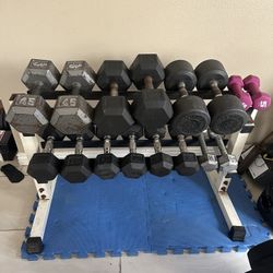 Dumbbells weights 5-45 plus rack 370lbs total