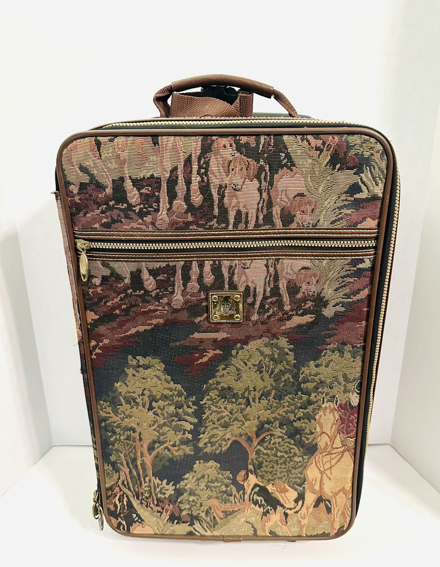 Vintage Capezio Fox Hunt Small Rolling Luggage Tapestry Leather Equestrian Dogs