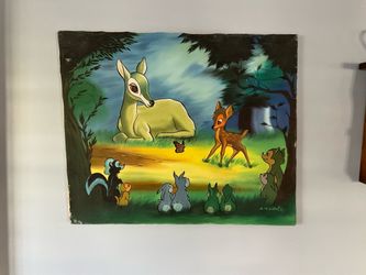 Vintage Hand Painted Signed Disney Oil on Canvas “Bambi Meets His Forest Friends”
