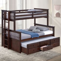 Brown Twin/ Full Bunk Bed w/ Trundle 