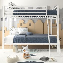 Twin-Over-Twin Bunk Beds with Heavy Duty Metal Frame and Ladder, Pure White