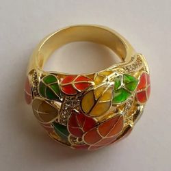 Chinese Style Hand-Painted Fall Leaves Retro Ring - Size 7