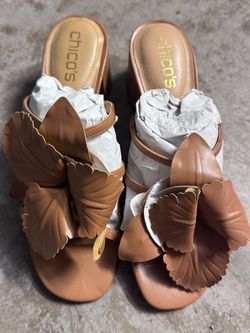 Chico's Tan Leather Floral Slide Sandals
