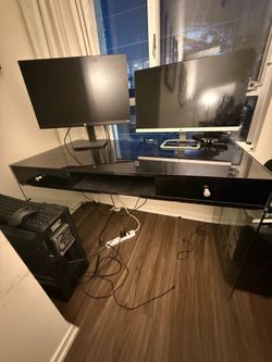 $150 – Modern Glass & Black Desk – Good Condition (Pickup Only)