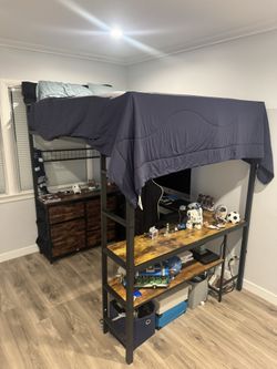Loft Bed Frame with Built-In Desk & Storage