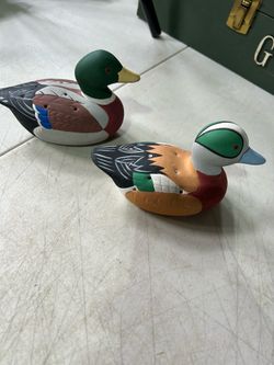 Two ceramic mallard ducks salt and pepper shakers