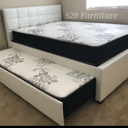 Full Twin White Trundle Bed With Ortho Mattress Included!!