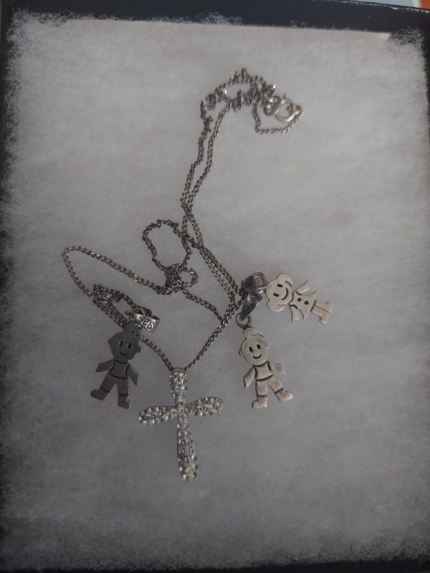 Sterling Silver Necklace With Cross And 3 Child Pendants