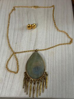 Juego cadena aretes Gold Filled dije cola pavo real piedra antiguo