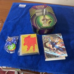 Pokémon Tin, Pack Of Sleeves, Sleeve Flip Book, Damage Counters and Dice