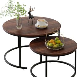 Nesting Coffee Table 31.5IN Set of 2, Rustic Brown Steel Frame Circular and Round Large Wooden Tables