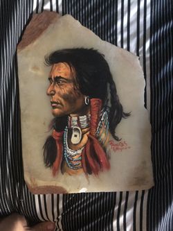 VINTAGE NATIVE AMERICAN INDIAN WARRIOR HAND PAINTED ON MARBLE SLAB AND SIGNED 