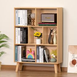 7 Cube Book Shelf, Natural 3 Tier Bookshelf with Legs, Modern Open Storage Organizer
