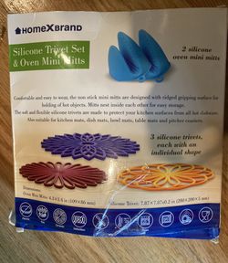 5 piece silicone trivet and mini mitts set color blue