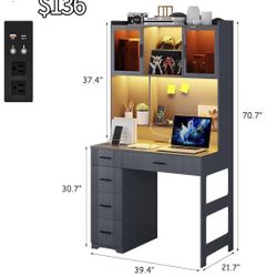 😀 LED Desk with Outlet Charging Station, Office Desk with LED Auto Lights, Computer Desk with Hutch and Drawer for Small Space
