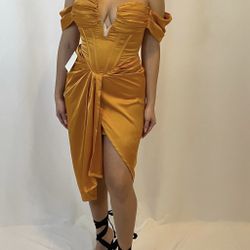 Gold Off Shoulder Satin Corset Dress