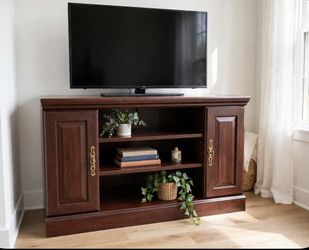 Beautiful cherry corner TV stand - solid, great storage! Fits perfectly in a corner to save space. • Holds up to 50" TV • 2 side cabinets + 3 open