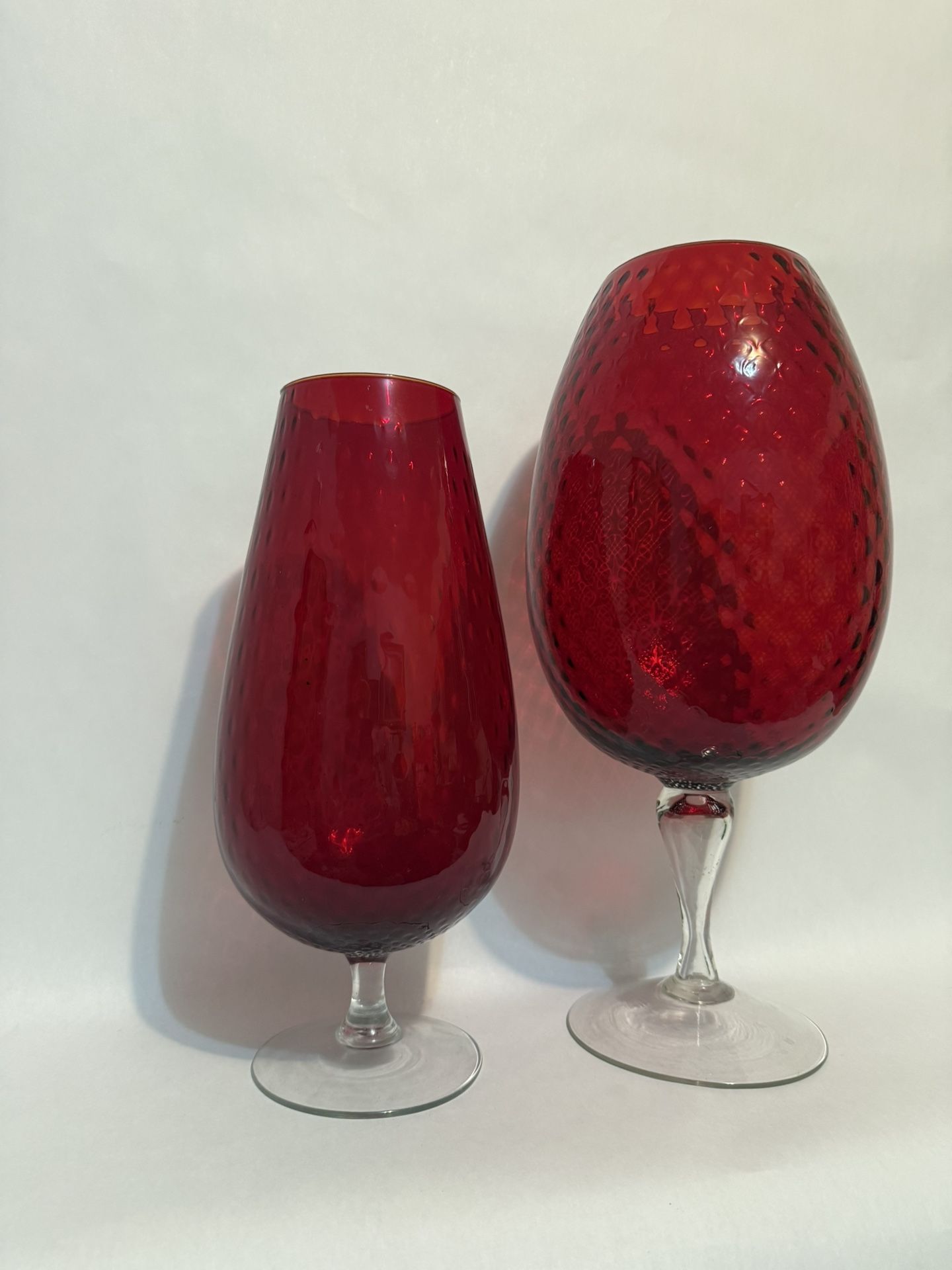 Two Red Mid Century XXL Great Vase structured on foot Red Murano Italy Chalice