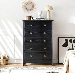Dresser for Bedroom – 5 Drawer Tall Chest of Drawers with Natural Wood Veneers, Vintage Style Storage Dresser, Water-Based Finish, Sturdy F