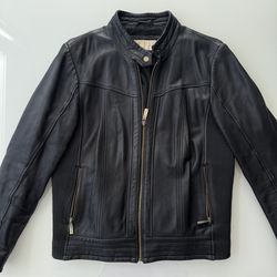 Women Large - Michael Kors Designer Authentic Genuine Leather Jacket Motorcycle Bomber Coat Black Zipper