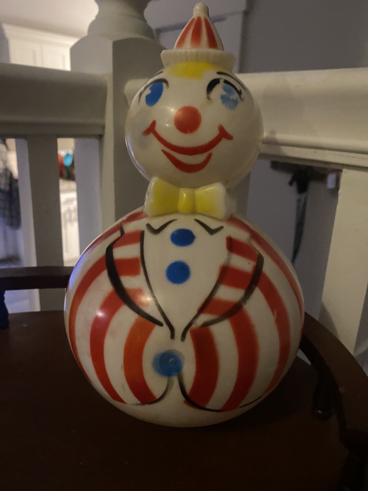 Vintage Blow Mold 9" Hard Plastic Roly Poly Jingle Bell Clown Toy 1950's Unique