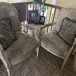 2 Chairs 🪑 Antique Study Congratulations Maybe Change  The Print On Chairs Wood Trims Have Art Work 