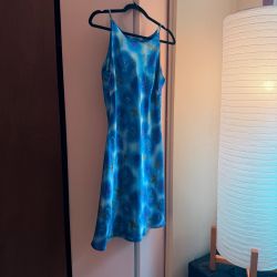 Vintage 90s Slip Dress Blue Floral Satin Spaghetti Strap Size 9/10