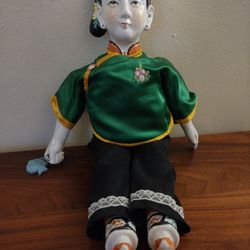 Vintage Antique Asian Porcelain Doll 14" - Holding Fish 