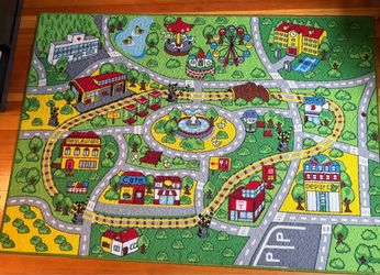 Kids City Road and Train Track Play Rug