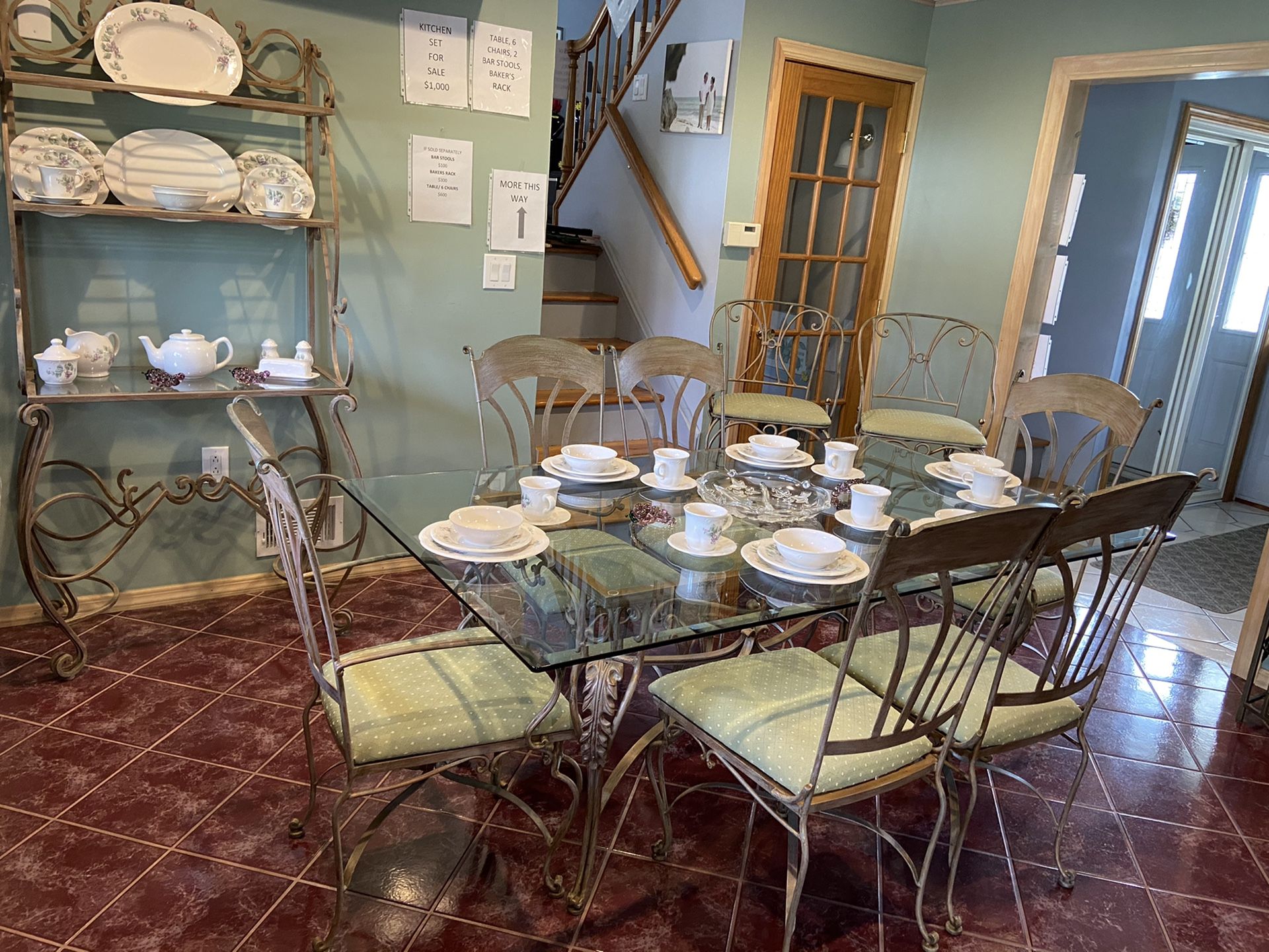 Metal Dining set with bar stools and bakers rack