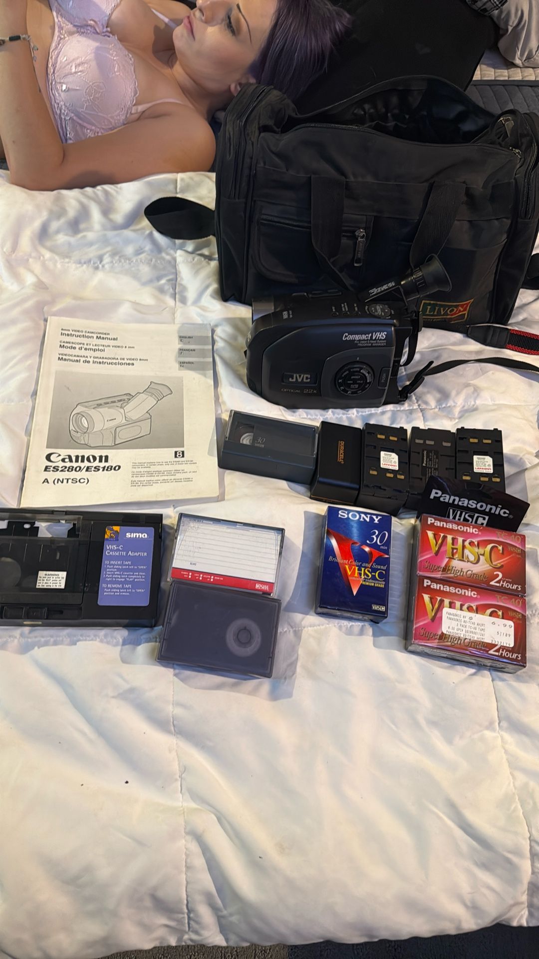JVC Compact VHS Camcorder (22x Optical Zoom) and accessories, all in excellent condition for its age.