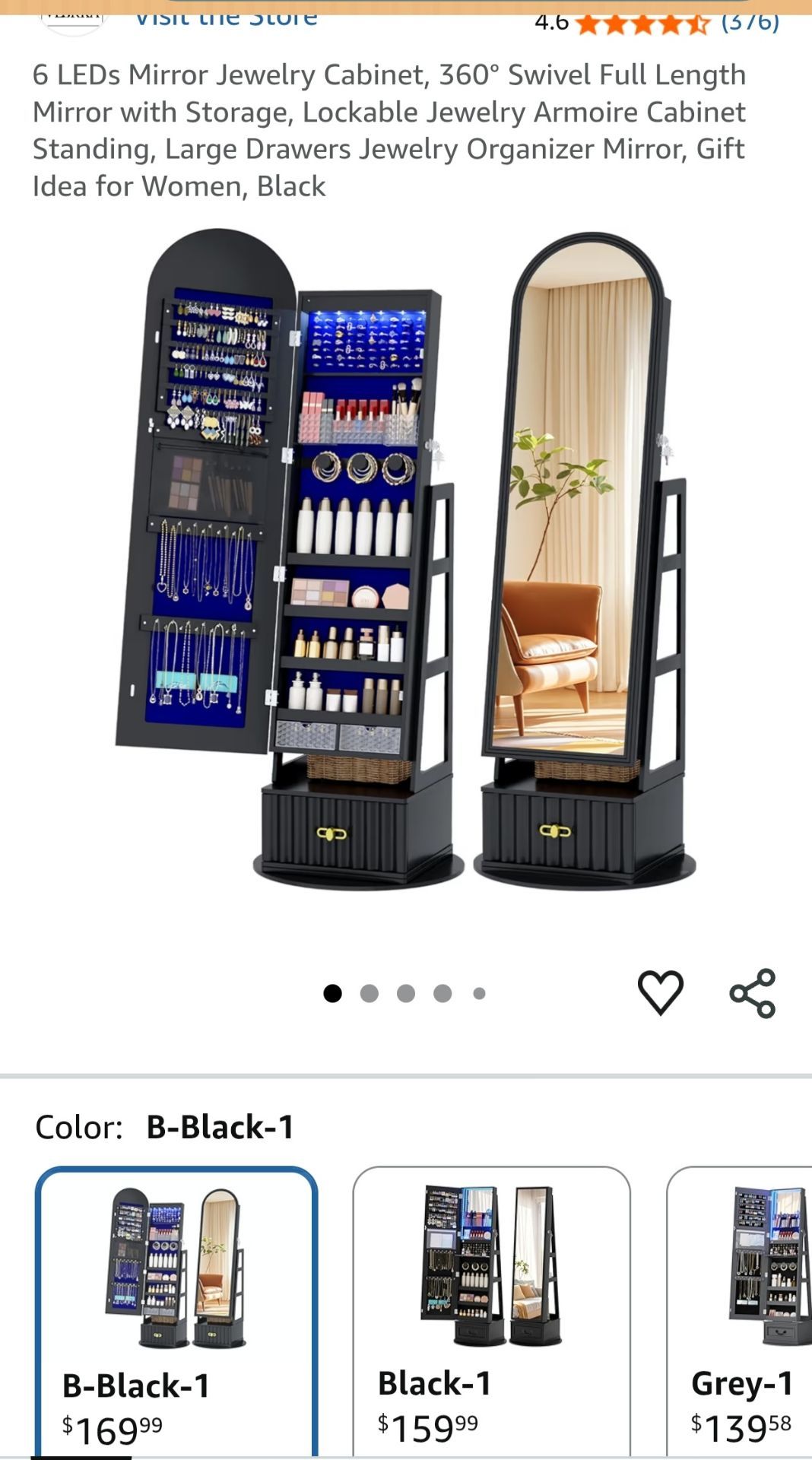 6 LEDs Mirror Jewelry Cabinet, 360° Swivel Full Length Mirror with Storage, Lockable Jewelry Armoire Cabinet Standing, Large Drawers Jewelry Organizer