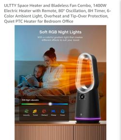 ULTTY Space Heater and Bladeless Fan Combo, 1400W Electric Heater with Remote, 80° Oscillation, 8H Timer, 6-Color Ambient Light, Overheat and Tip-Over
