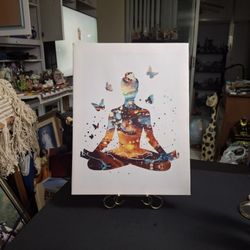 Watercolor Canvas Print Silhouette Of A Person In Yoga Lotus Pose "Space" Pattern Within Surrounded By Colorful Butterflies & Watercolor Splatters-NEW