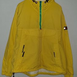 Tommy Hilfiger 90s Yellow Quarter Zip Long Sleeve Light Hooded Jacket Size Large
