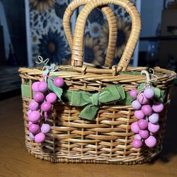 Vintage Wicker Basket Pink Berry Decor Green Velvet Trim Double Handles